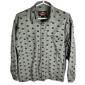 Harley Davidson All‎ Over Logo Print Button Up Shirt Men's Medium Gray Black